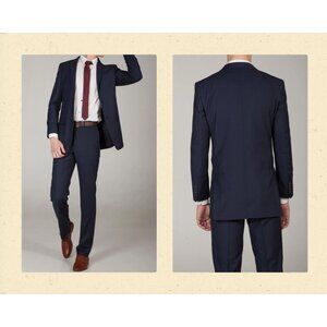 Mens Navy Blue Classic 2-Button Suit Polyester & Rayon‎ Unhemmed Pants 40R * 34